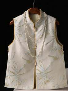 Elegant Floral Bird Print Sleeveless Stand Collar Chinese Style Vest With Slits, Suitable For Daily, Casual, Vacation, Special Occasions, Women