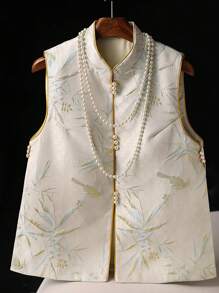 Elegant Floral Bird Print Sleeveless Stand Collar Chinese Style Vest With Slits, Suitable For Daily, Casual, Vacation, Special Occasions, Women