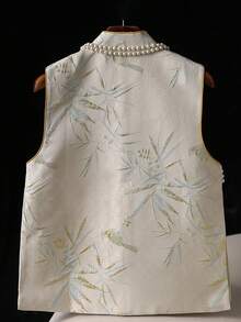 Elegant Floral Bird Print Sleeveless Stand Collar Chinese Style Vest With Slits, Suitable For Daily, Casual, Vacation, Special Occasions, Women