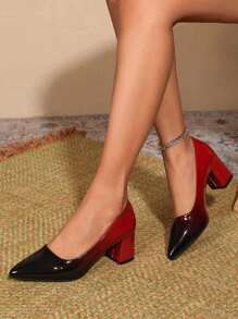 Women's Sexy Gradient Hue Pointed Toe Chunky Heel Pumps, Comfortable Timeless Elegant Dress Shoes, For Women Comfy Soft Lady Daily Work Office Dates Wedding Casual Slip - 黑紅漸層色 - 查看 1