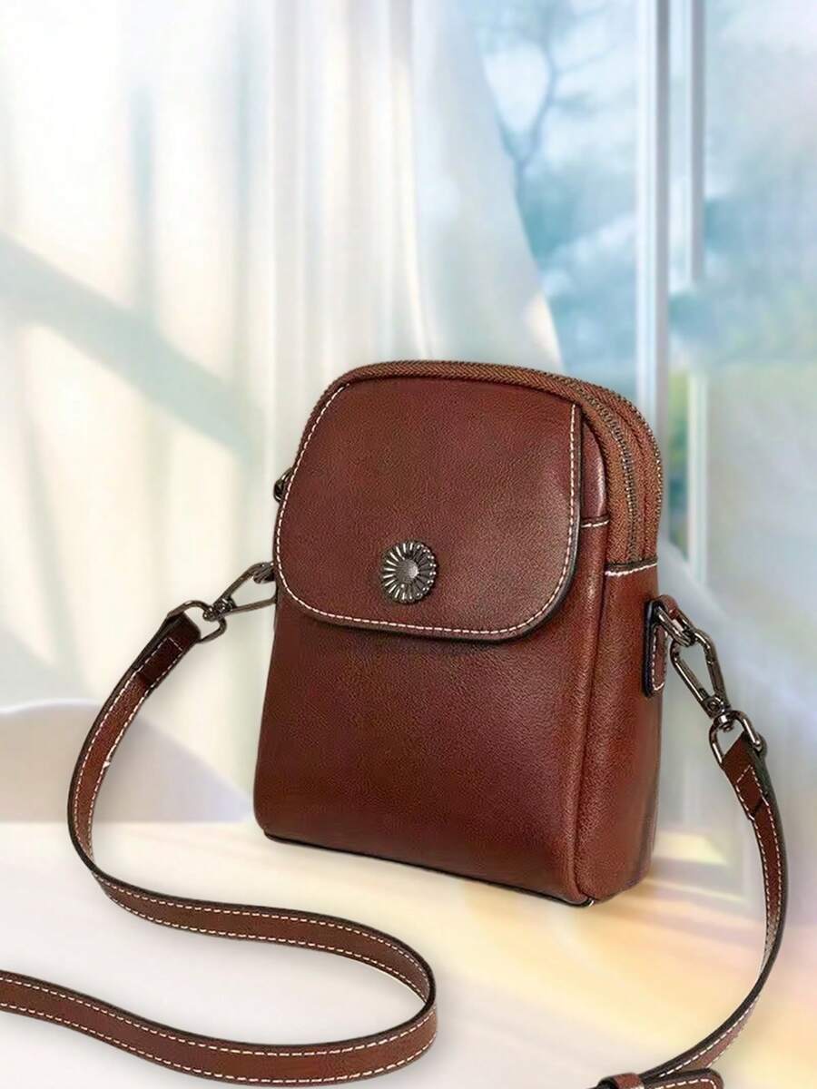 Women's All-Match Vertical Mobile Phone Bag Crossbody PU Leather Shoulder Bag Clutch Bag Retro Messenger Bag - Cà phê nâu - Xem 1