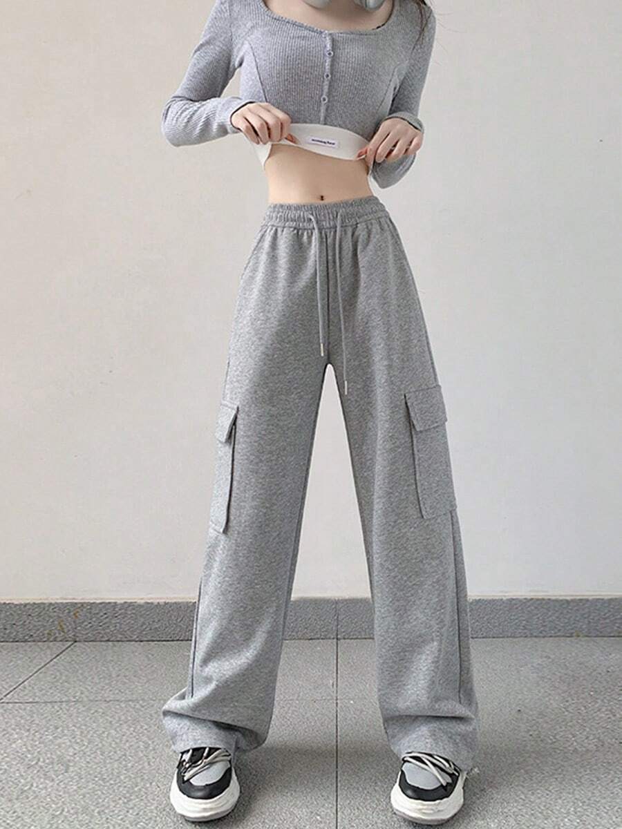 Spring And Autumn Women's Loose Sports Drawstring Wide-Leg Pants