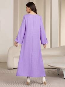 Women's V-Neck Drawstring Elegant Long Sleeve Robe Abaya Modest Kafftan Jalabiya Arabian Dresses - Purple - View 2