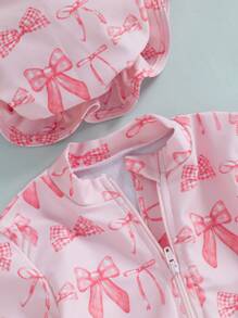 Baby Girl Long Sleeve Solid Bathing Suit Toddler Girl One Piece Ruffles Swimsuit Infant Girl Ruffle Rash Guard - Pink - View 6