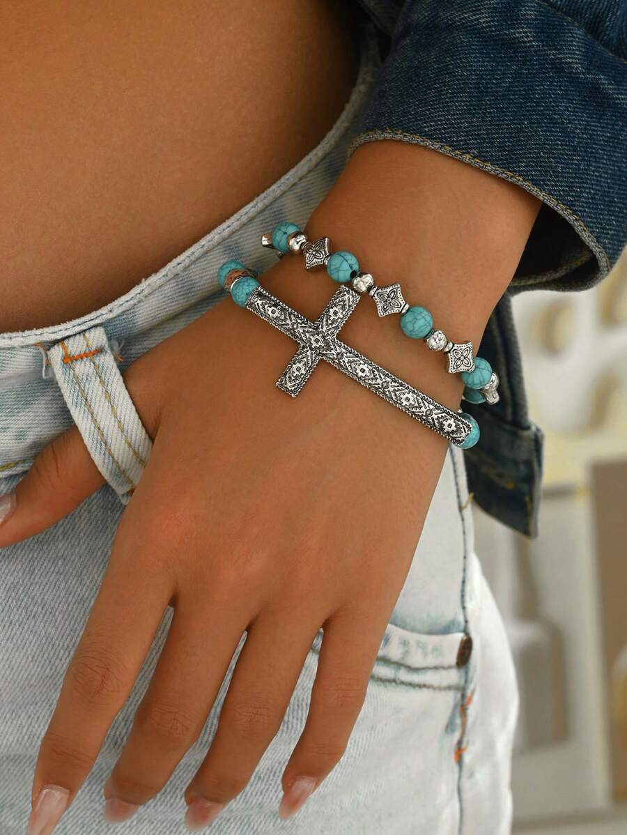 1 Set Of 2pcs Turquoise Beaded Boho Style Cross Charm Bracelet Set - Green Two Piece Set - View 1
