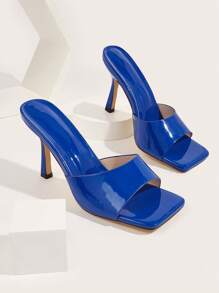 蓝色闪亮漆皮细高跟时尚女士正装凉鞋，适合日常穿着 - 藍色 - 查看 1