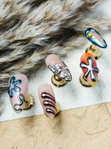 10 件中号棺材按压指甲海洋艺术风格，海星和章鱼 3D 设计，全覆盖和高品质，适合夏日派对/海滩度假，舒适贴合，指甲套装带锉刀和果冻胶 - 彩色 - 查看 8