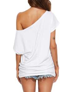 HIGHFINE Women's Casual Off-The-Shoulder Top, Short Sleeve T-Shirt, Loose Summer Shirt - White - View 2