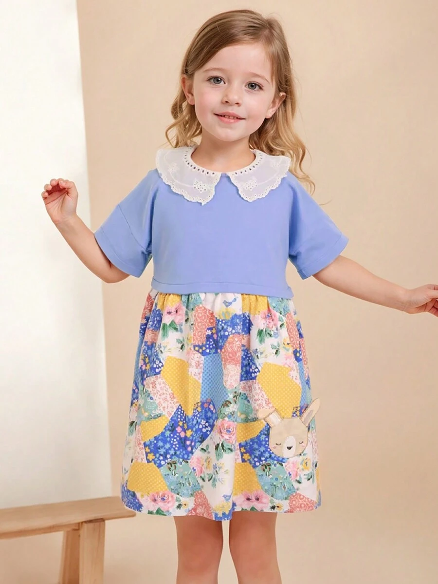 Girls Summer Dress, Young Girl Cap Sleeve Dress, Baby Fashionable Ruffled Sleeve Patchwork Princess Dress