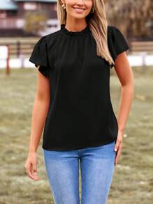 Women's Summer Satin Blouse Shirt Dressy Casual Ruffle Short Sleeve Crewneck Work Party Tops - màu đen - Xem 5