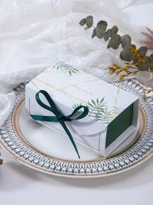 10pcs Leaf Print Gift Box With Ribbon, Paper Candy Box For Wedding