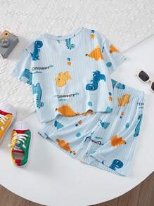 2pcs Young Boy Cartoon Dinosaur Print Casual Short Sleeve Home Outfit, Summer Lightweight - Baby Blue - View 2