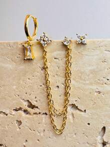 3pcs Stainless Steel Earring Set, Women Flower Cartilage Earrings, Fashion Jewelry; Low Allergy 14K Gold Plated Pendant Earrings, Delicate Long Chain Earrings, Gift For Valentine's Day, Mother's Day - Gold - View 3