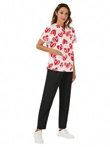 2pcs Set V-Neck Pocket Short Sleeve Top With Pants, Casual Loungewear - Multicolor - View 7