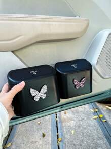 1pc Hanging Bowknot Car Garbage Can, Dust Box Storage Box Black ABS Square Stamping Trash Can, Waterproof Garbage Bin - one-size - View 10