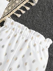 2 件套年轻女孩盖袖上衣，带月亮印花和波尔卡圆点荷叶边装饰裤，休闲装 - 白色 - 查看 7