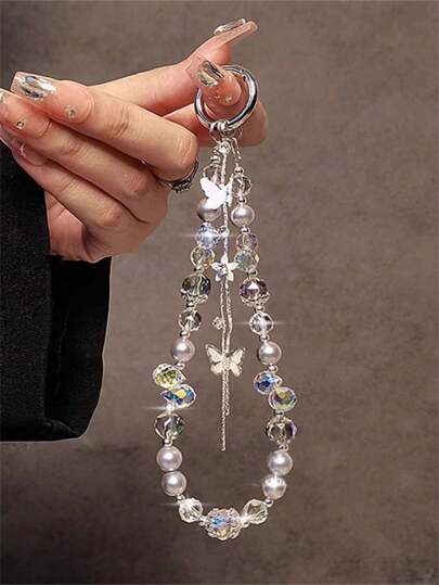 Luxury Sparkle Butterfly Rhinestone Bead Phone Bracelet Strap Charm Chain Knot Cellphone Lanyard Keychain Bag Camera Keychain Pendant Gifts For Mother, Family, Friends, Birthday, Holiday Phone Charm, Phone Chain