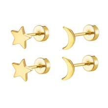2 Pairs Flat Back Earrings For Women Men,Cartilage Earring For Simple Classic Star Moon Stud Earring - Gold - View 8