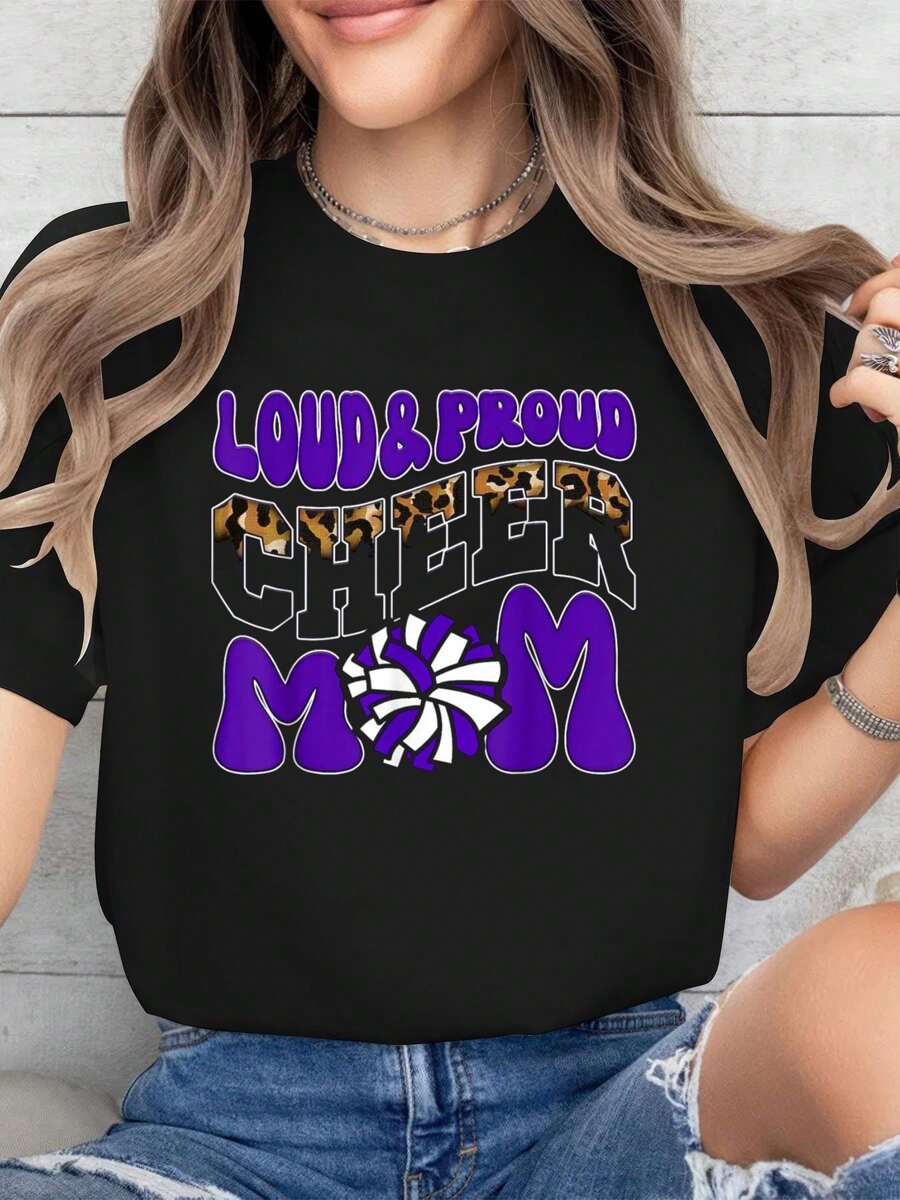 100% Cotton Loud Proud Cheer Mom Purple Team Leopard Funny Cheer Crew - Black - View 1