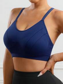 Women Sports Bra With Racer Back, Navy Blue Activewear For Yoga, Workout, And Casual Everyday Wear - Navy Blue - View 3