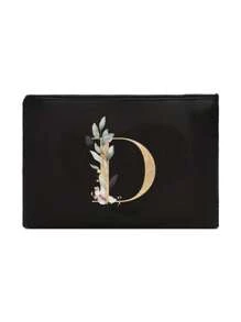 A Black Makeup Bag With The Initials A~Z Printed On It, Featuring A Green Leaf Pattern Print,Cosmetic Bag,Portable Wash Bag,Teacher's Day Gift, Reusable Makeup Bag, Women's Simple And Large Capacity Travel Makeup Bag