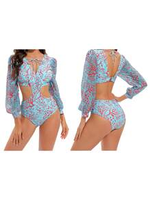Women's Summer Romper Swimwear Long Sleeve V Neck Hollow Bathing Suit Monokini Swimsuit - Green - View 2