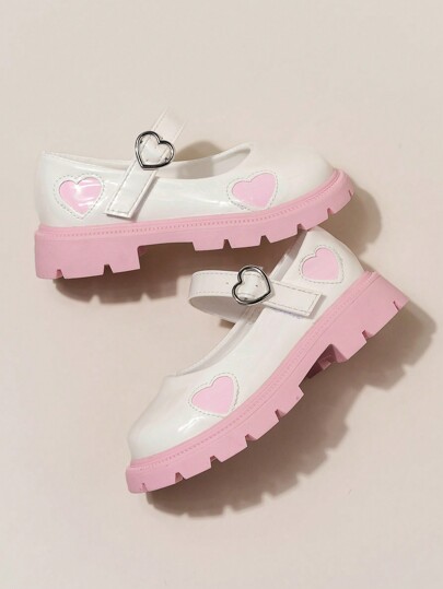 1 Pair Girls' Heart Printed Thick Sole Anti-Slip Shiny Princess Loafer Shoes, Children's Birthday Gift, Suitable For Party And Daily Wear