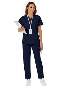 2 件套 V 领口袋短袖上衣和短裤休闲手术服套装