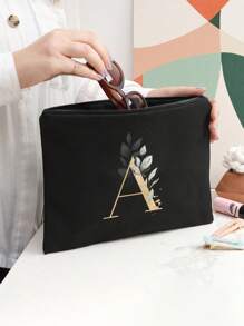 A Black Makeup Bag With The Initials A~Z Printed On It, Featuring A Green Leaf Pattern Print,Cosmetic Bag,Portable Wash Bag,Teacher's Day Gift, Reusable Makeup Bag, Women's Simple And Large Capacity Travel Makeup Bag