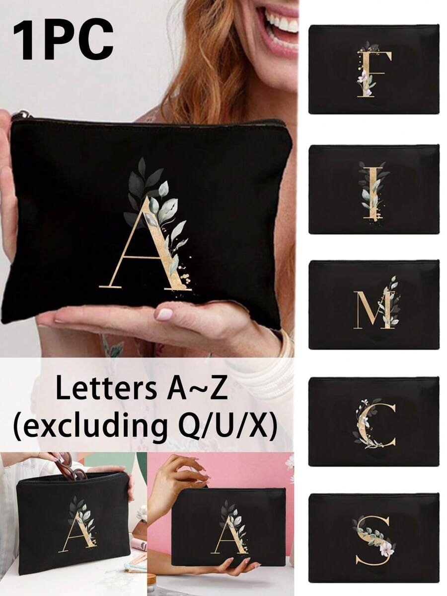 A Black Makeup Bag With The Initials A~Z Printed On It, Featuring A Green Leaf Pattern Print,Cosmetic Bag,Portable Wash Bag,Teacher's Day Gift, Reusable Makeup Bag, Women's Simple And Large Capacity Travel Makeup Bag