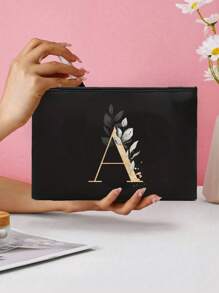 A Black Makeup Bag With The Initials A~Z Printed On It, Featuring A Green Leaf Pattern Print,Cosmetic Bag,Portable Wash Bag,Teacher's Day Gift, Reusable Makeup Bag, Women's Simple And Large Capacity Travel Makeup Bag