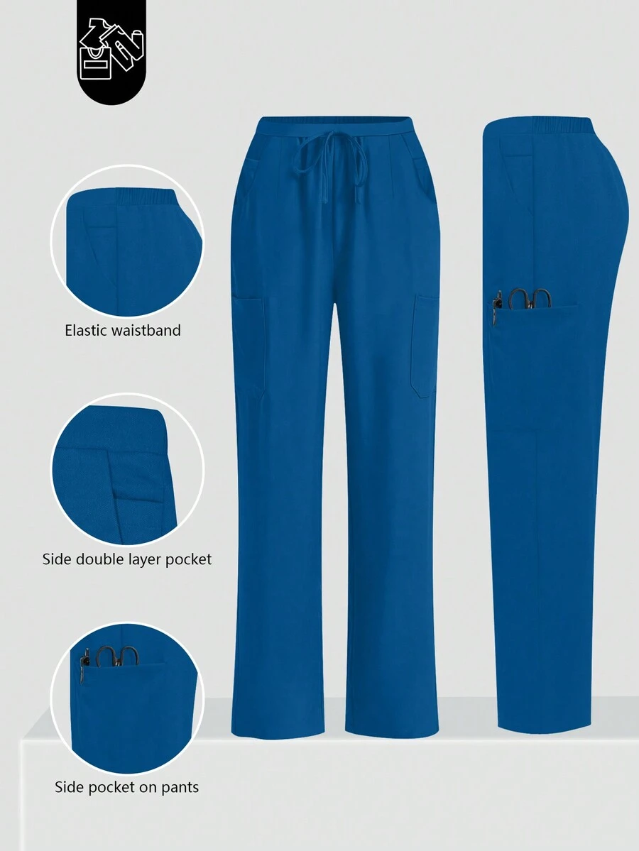 cimmuovere Women's Scrub Uniform Pants, Comfortable Pants, Solid Color Simple Multi-Pocket Pants Spring - Teal Blue - View 1