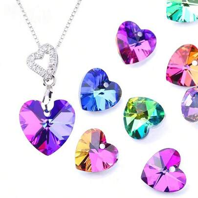QIAO 12pcs 14mm Colorful Charms Heart Pendant Crystal Heart Beads Gems For Women Jewelry Making Earring Necklace DIY