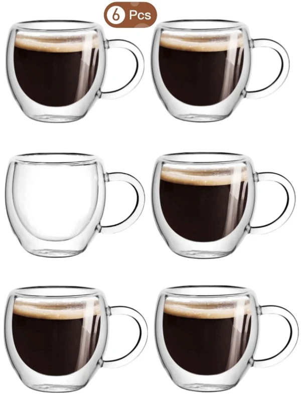 1-2-6pcs 80ml Double Layer Glass Coffee Mug With Handle,Coffee Mug Set,Tea Mug Set,Thermal Insulation And Anti-Scald. Suitable For Espresso, Tea Bags.