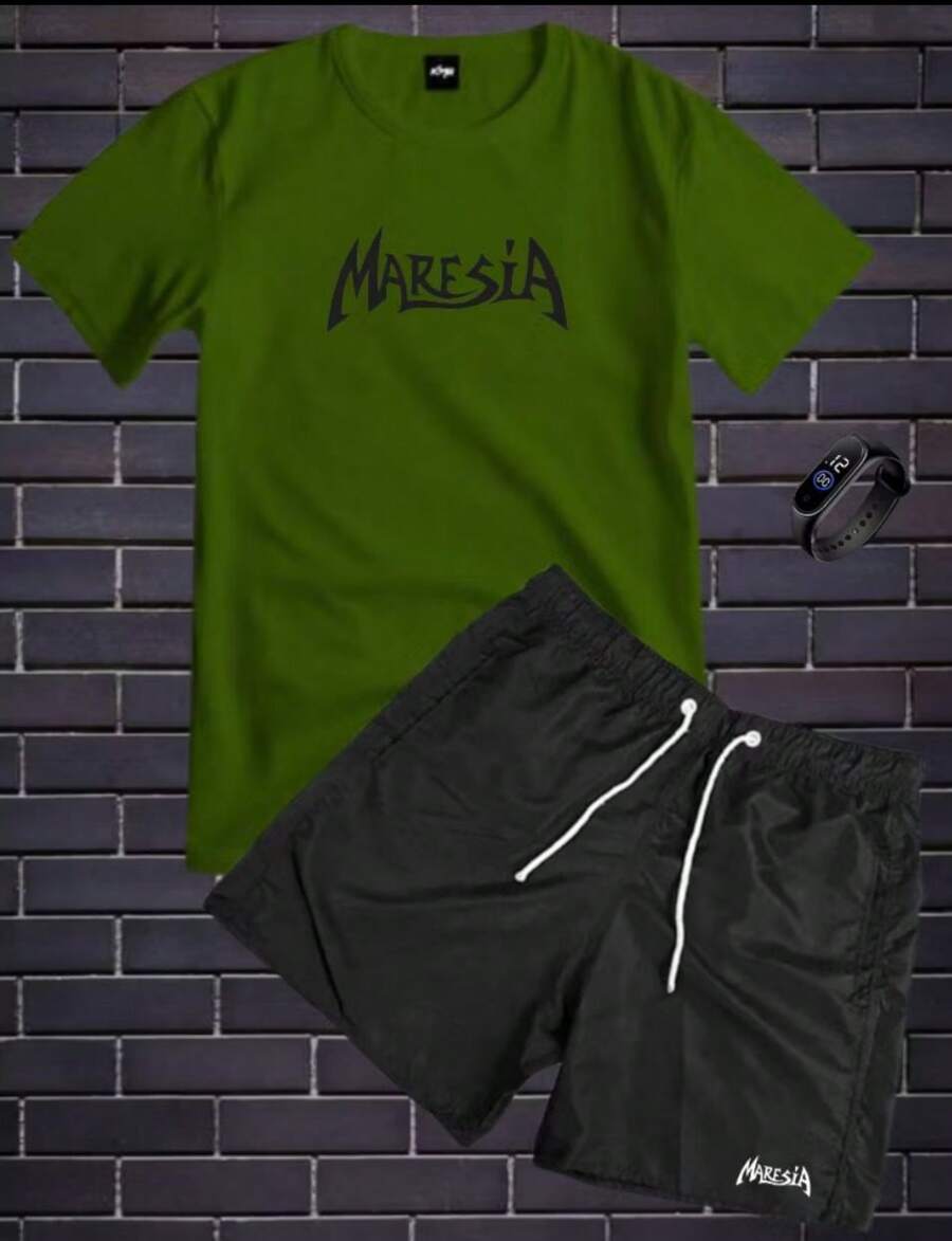 Tectel T-Shirt And Shorts Kit With Maresia Print Plus TOP DIGITAL WATCH - Army Green - View 1