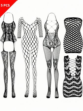 5pcs Plus Size Sexy Lace & Fishnet Bodysuit Set, Plus Size Women Sexy Lingerie Set Including Bikini Cover Up, Hollow Mesh Bodystocking & Chemise, Ideal For Party, Wedding Night, Valentine's Day & Bride Gift For Rave