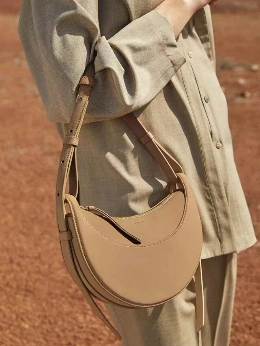 Niche Design Poleno Crescent Bag New Genuine Leather High-End Underarm Bag Single Shoulder Crossbody Saddle Bag Ladies Crescent Bag, PU Leather Crescent Bag, Single Shoulder Crossbody Bag Wallet Handbag Casual Dumpling Bag - 日落黃 - 查看 1