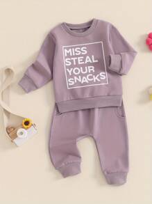 Toddler Baby Girl Clothes 6 12 18 Months 2T 3T 4T Long Sleeve Pullover Sweatshirt Pants Infant Fall Winter Outfit - Màu tím - Xem 4