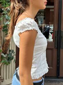 Women's Button Down Tops Fashion Cap Sleeve Solid Color Slim Fit Frill T-Shirts Summer Blouses - Ngà voi - Xem 3