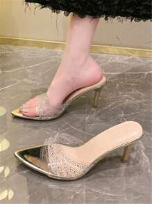 Giày sandal cao gót mũi nhọn đính đá kiểu dáng cổ điển dành cho nữ, thích hợp cho mùa xuân/hè. - Vàng - Xem 2