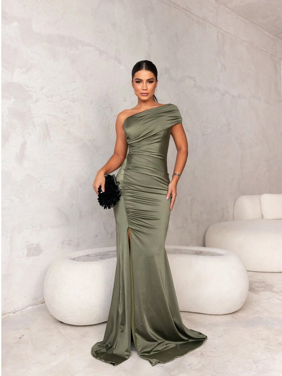 Long Dress Party Bridesmaid Prom Mermaid Sheath Tight Zero Sleeve Elegant Event - 橄欖綠 - 查看 1