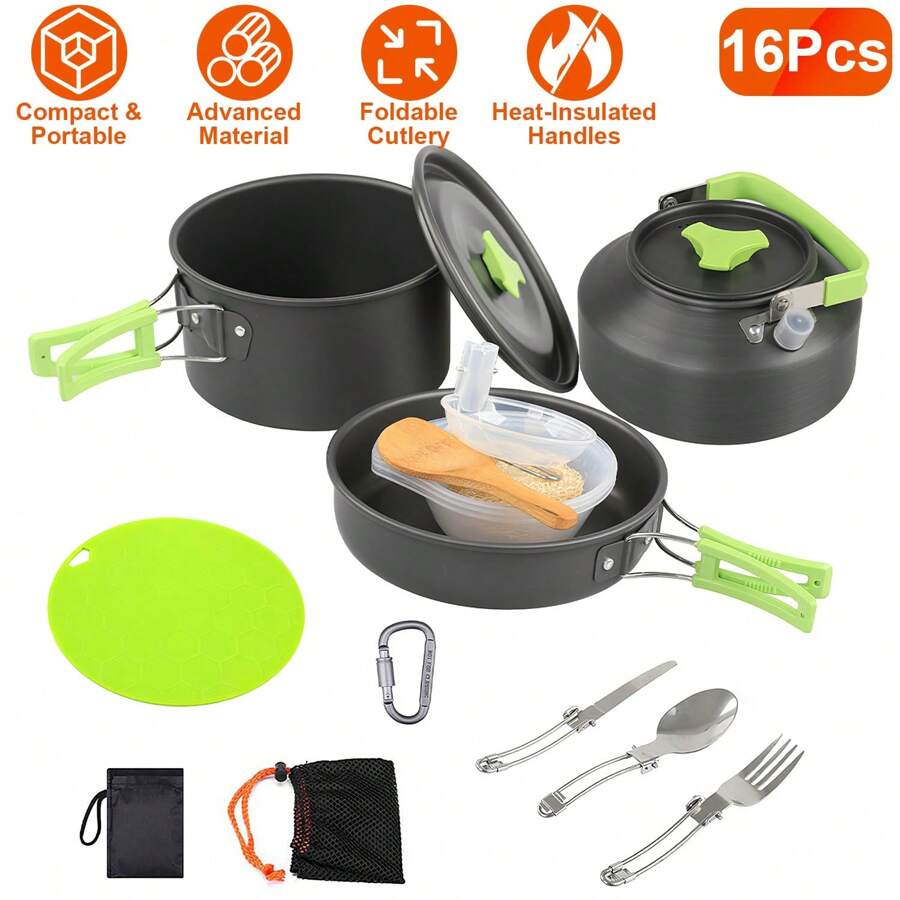 16Pcs Camping Cooking Ware Set Camping Stove Cookware Kit Aluminum Pot Pan Kettle Set With Bowls Knife Fork Spoon Carabiner Spatula Cutting Board For Hiking Picnic Outdoor - Green - View 1