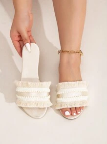 Wide Fit Beige Satin Fabric Fuzzy Ball Tassel Decor Bohemian, Vacation Retro Style Plus Size Flat Sandals For Women, Fuzzy Ball Tassel Decor Length And Quantity Random