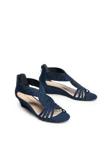 Women's Wedge Sandals Open Toe Rhinestone Fashion Comfortable For Party Wedding Dress Summer Shoes - 藏蓝色 - 查看 5