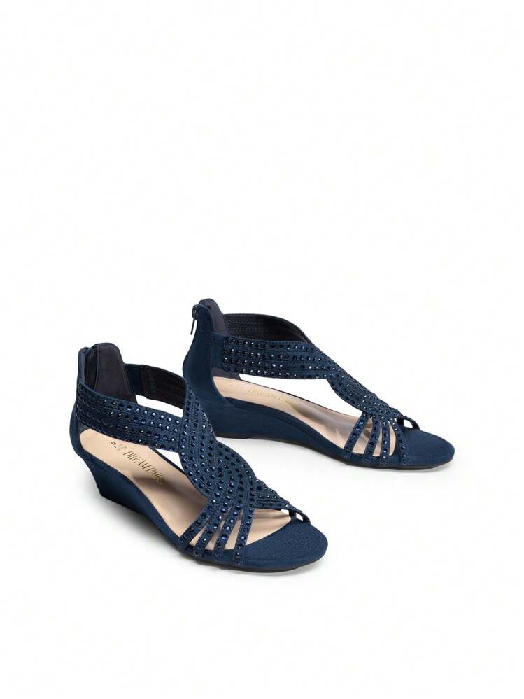 Women's Wedge Sandals Open Toe Rhinestone Fashion Comfortable For Party Wedding Dress Summer Shoes - 藏蓝色 - 查看 5