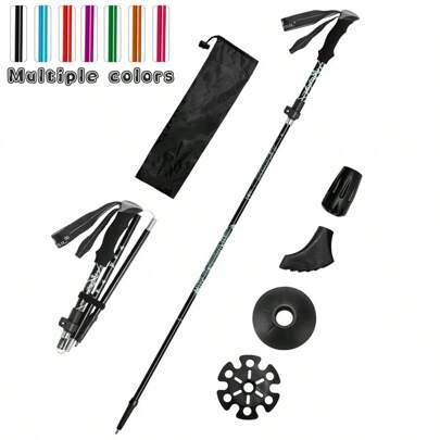 1 set Lätt, justerbar, fällbar vandringsstav i aluminiumlegering med snabblåssystem, lämplig för vandring, resor, bergsklättring, camping, ryggsäcksfärd, skidåkning, kommer med spetsskydd, för både kvinnor och män