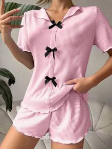 2025 Women Fashion Bow Color Blocking Rib-Knit Short Sleeve Top & Shorts Pajama Set, Suitable For Spring/Summer, Two Pieces Set - Pink - View 1