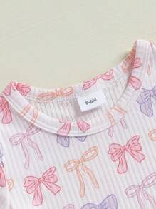 Toddler Girls Ribbed Shorts Set Bow/Heart Print Short Sleeve Round Neck Tops Elastic Waistband Shorts - 紫色 - 查看 7