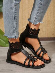 Women Woven Lace Open Toe Back Zipper Roman Sandals, Black Flat Sandals For Spring/Summer - Black - View 5