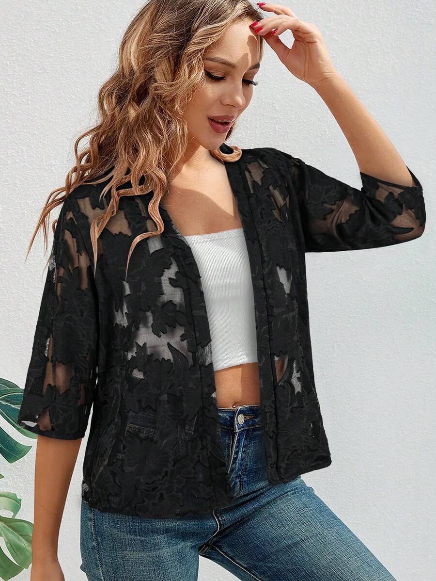 Yukiwi Women's Jacquard 3/4 Sleeve Open Front Coat - Black - View 1